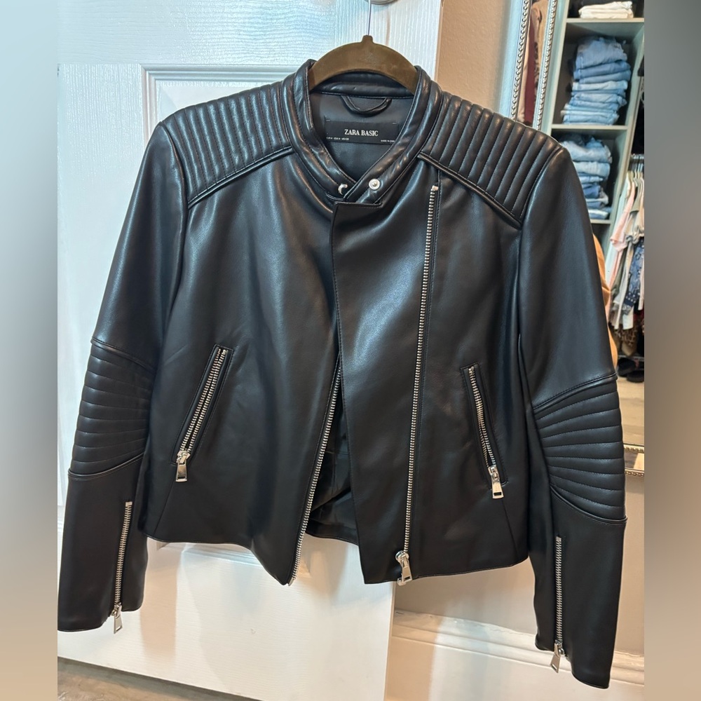 Zara Basic Black Leather Moto Jacket - Size Medium - image 1